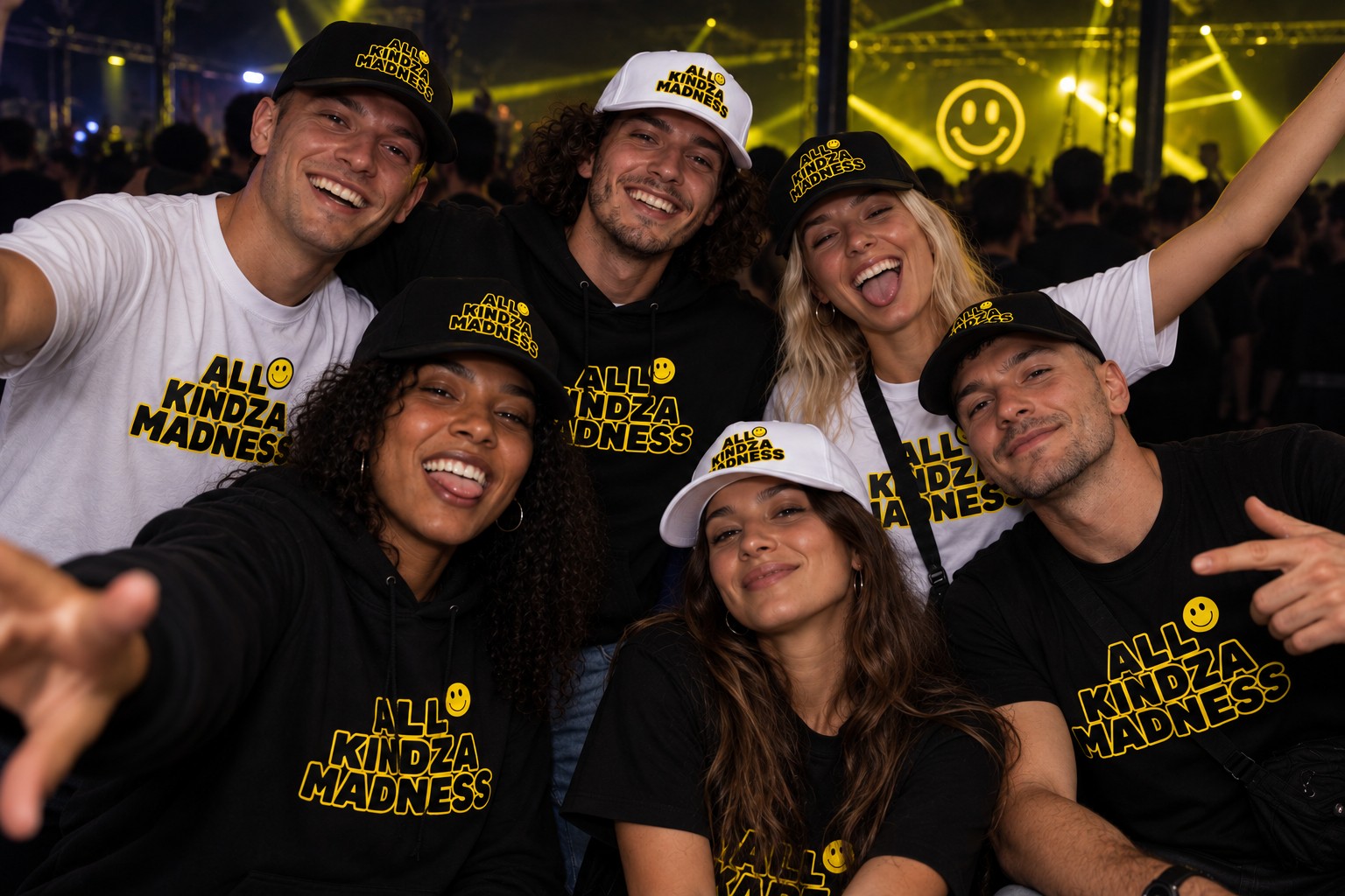 Friends at a rave wearing All Kindza Madness caps, T-shirts and hoodies